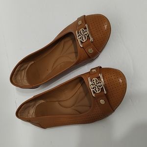 Isola Tan Cognac Leather Laser Cut Out Flats with Gold Accents sz 6.5